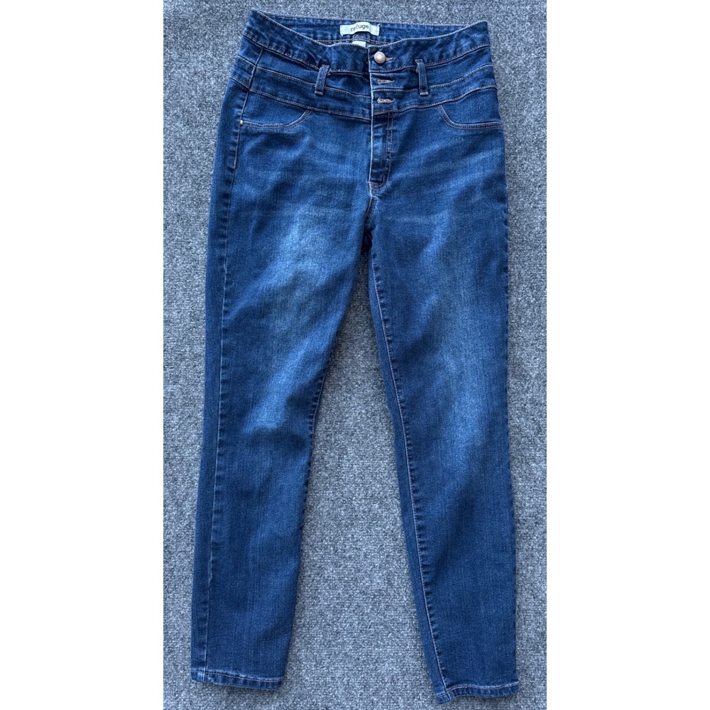 Refuge Womens High Waisted Skinny Jeans Dark Wash Blue Triple Button Size 10